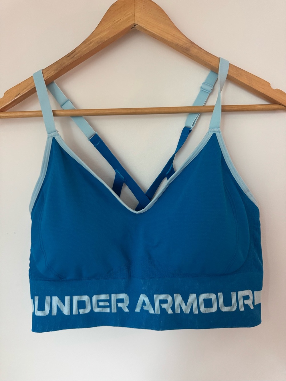 Under Armour Seamless Low Longline Sports Bra Blue Camo Trim Size L